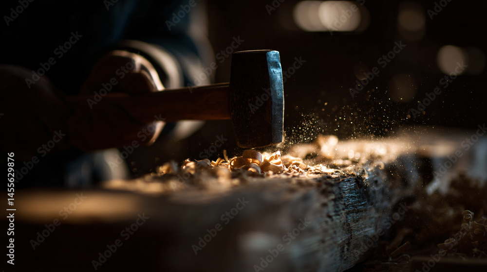 Poster crafter victimization hammer and chisel to carve wood in a workshop