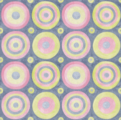 Seamless pattern with circles. Hand drawn watercolor painting geometric background. Colorful circles on textured paper gray background. Template for design, textile, wallpaper, carpet