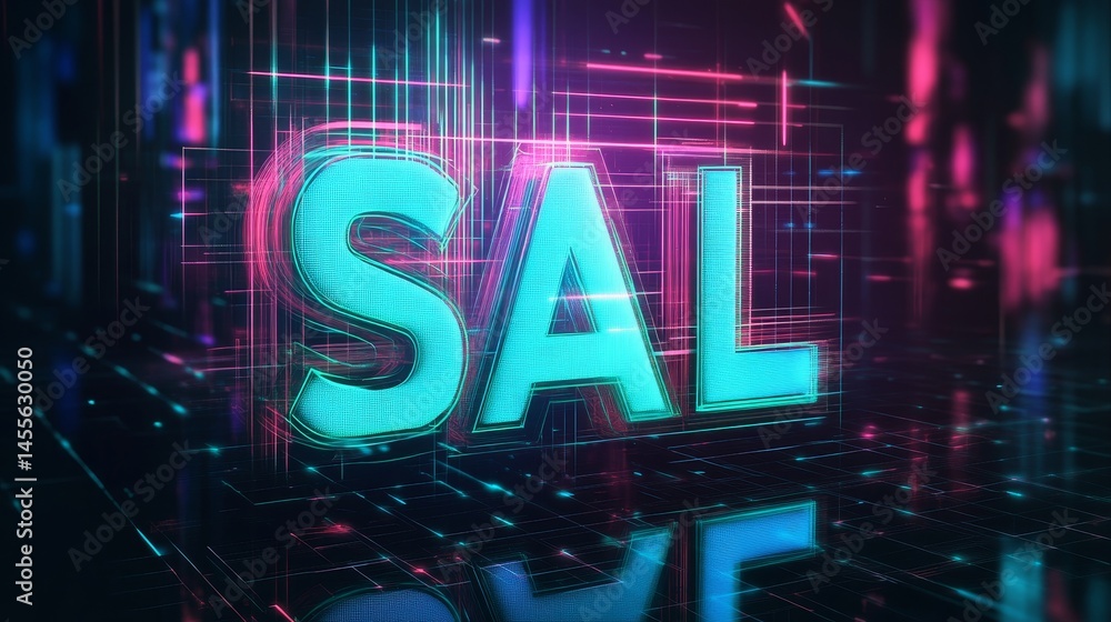 Aufkleber colorful neon text 'sal' illuminates a digital landscape with glowing lines and patterns, creating a
