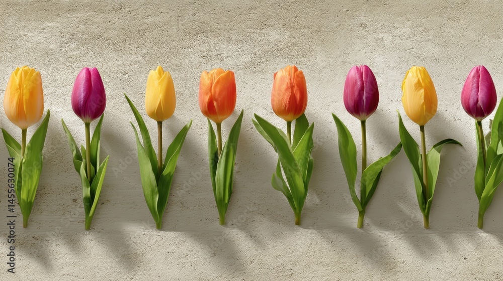 Poster Stylized tulips arranged in a striking flat-lay display, featuring vibrant hues and geometric blocks on a lightly textured surface, with ample copy space available