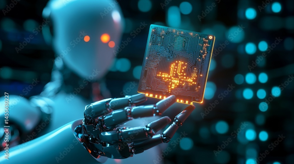 Poster innovative humanoid robot holding a glowing computer chip in a high-tech digital environment with vi