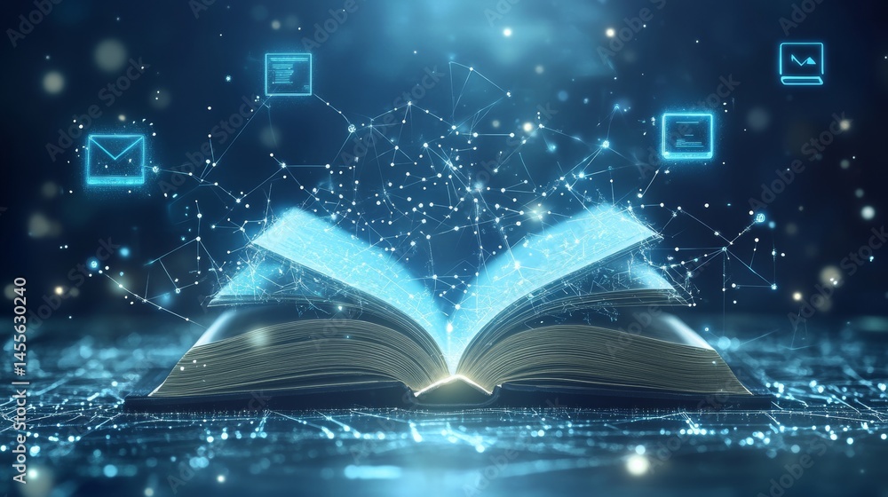 Aufkleber Digital Transformation of Knowledge With an Open Book Surrounded by Floating Data Icons in a Futuristic Setting