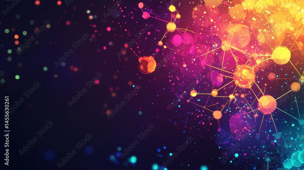 Poster abstract network of connected spheres with vibrant color gradients and bokeh effects