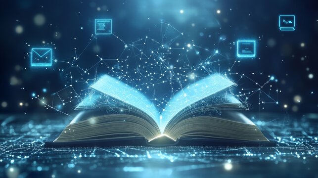 Digital Transformation of Knowledge With an Open Book Surrounded by Floating Data Icons in a Futuristic Setting