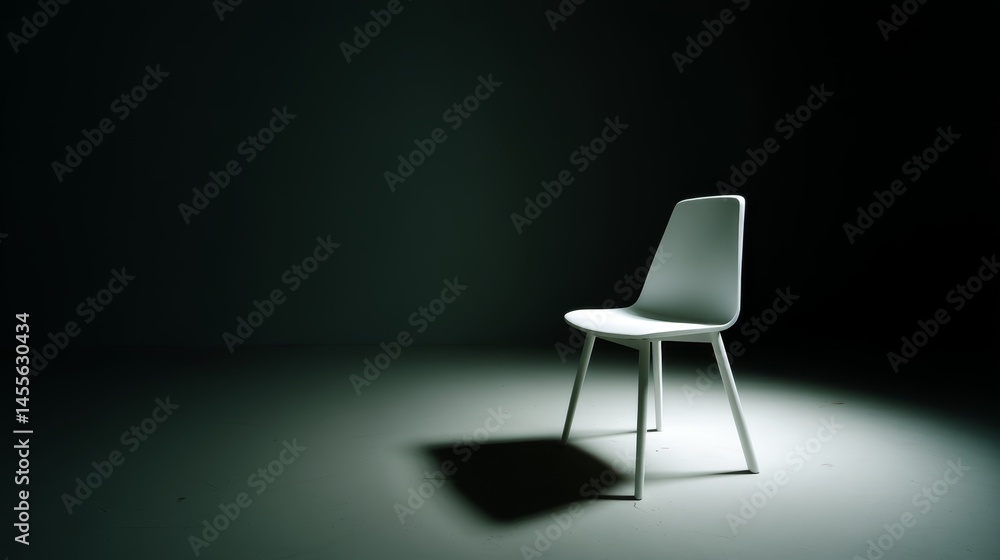 Poster A modern chair stands front and center in an empty dark studio, illuminated by a focused spotlight. It casts a long, dramatic shadow on the floor