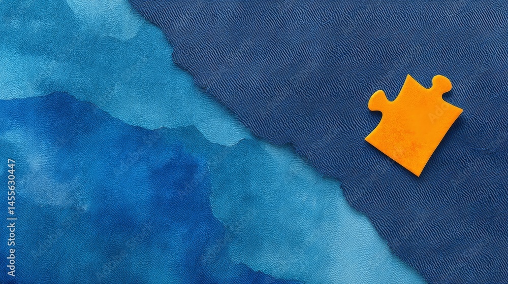 Poster a bright orange puzzle piece sits alone on a vivid blue textured background, casting soft shadows wh