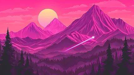 Fototapete Rund Pink sunset over majestic mountains, shooting star, forest  ideal for fantasy, travel, or nature themed designs © visuall