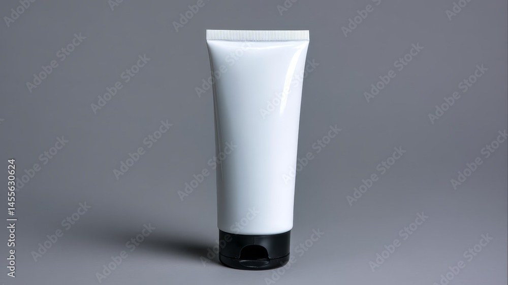 Poster a white cosmetic tube with a glossy finish and black cap stands vertically on a smooth gray surface,