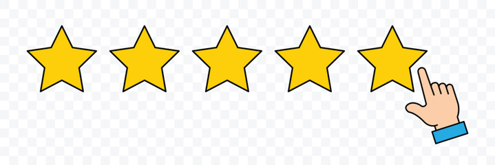 Customer satisfaction signs. Review stars icon set. Review, ranking system symbol. Five stars customer product rating review flat icon with hand clicking sign. 