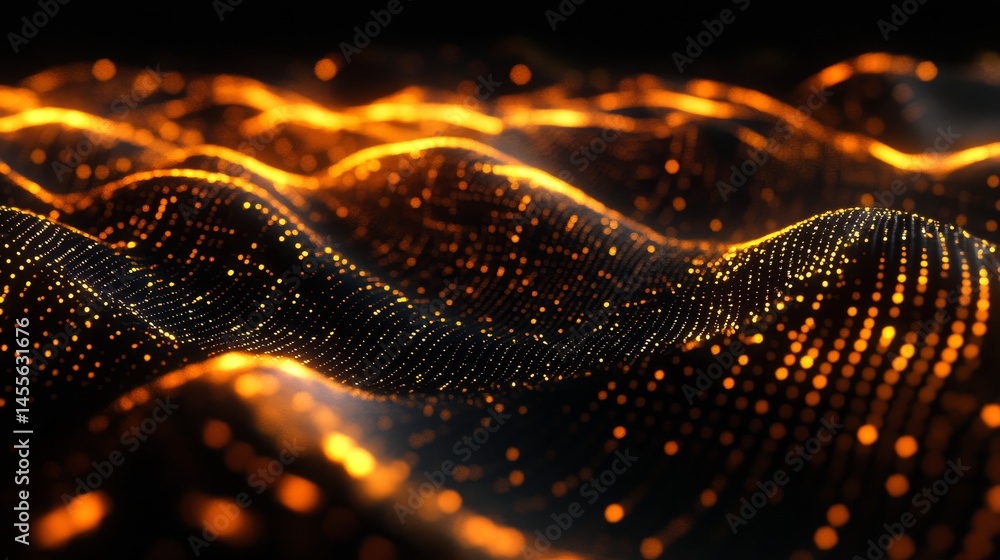 Poster visual representation of glowing data waves in dark space highlighting movement and rhythm in digita