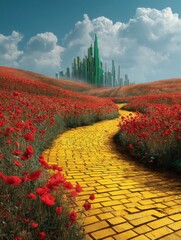 A stunning image of stunning image of stunning image of yellow brick road leading through poppy field to green emerald city in the distance. Wizard of Oz concept.