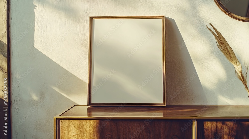 Poster modern empty frame rests on wooden console table near wall adorned with natural light and shadow pat
