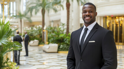 Friendly hotel manager welcoming guests in luxurious lobby with greenery