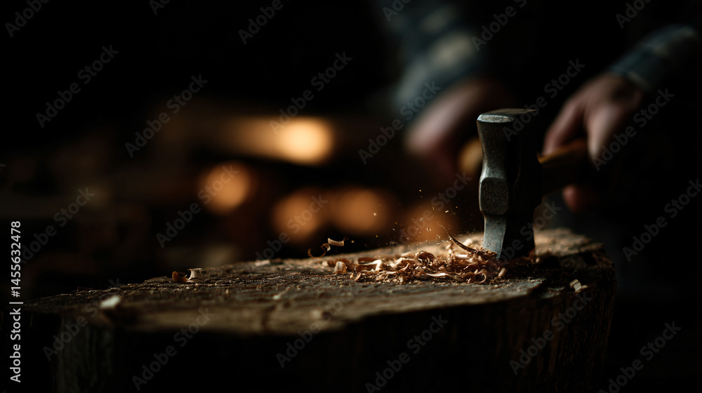 Poster craftsman using hammer and chisel to chip at woods in a workshop