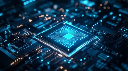 Fototapeta premium High-tech Close-Up of a Computer Chip Glowing in Blue Circuitry at a Futuristic Technology Hub