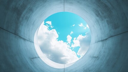 Fototapeta premium Looking up From Inside a Concrete Pipe Toward a Clear Blue Sky and Fluffy Clouds During a Sunny Day in an Outdoor Environment