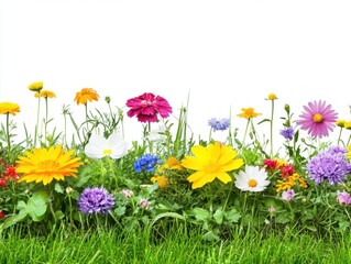Fototapeta premium Vibrant meadow of colorful wildflowers on a bright sunny day against a clean white background