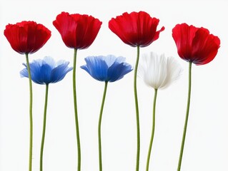Obraz premium Vibrant poppy flowers in red, blue, and white against a clean white background, perfect for spring and summer designs