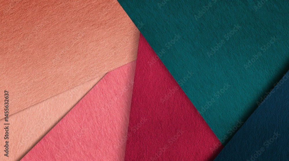 Poster close-up, high-angle shot showcases a bold abstract design featuring interlocking triangles in teal 