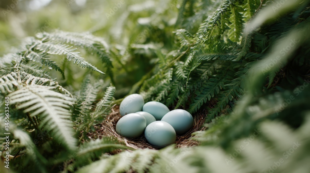 Poster Pale blue bird eggs rest gently in a nest surrounded by vibrant green ferns, creating a tranquil and natural atmosphere perfect for wildlife enthusiasts