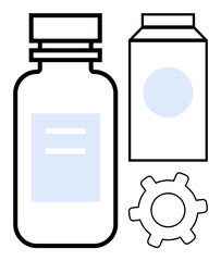 Medicine bottle, packaging box, and gear icon denote healthcare, pharmaceutical manufacturing, innovation, technology, research, medicine delivery and progress. Ideal for medicine healthcare