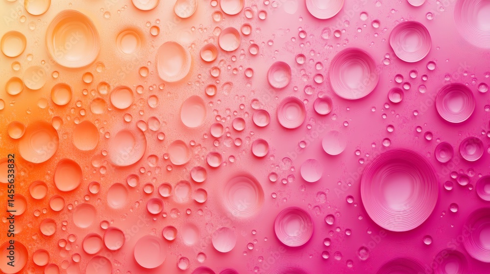 Poster vibrant droplets on a colorful surface showcasing a gradient from orange to pink in a refreshing and