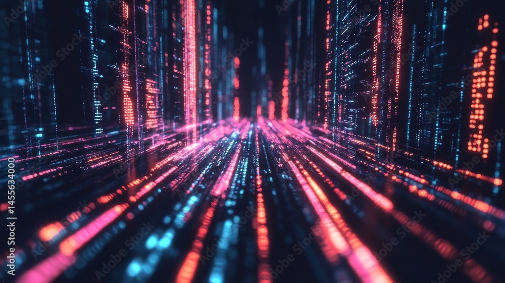 Poster colorful digital data stream flows through a futuristic tunnel filled with glowing particles and vib