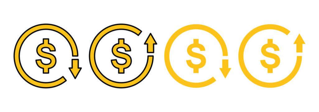 Cash back icon set. ost reduction icon vector. dollar decrease sign. Cash back icon set. Dollar increase and decrease vector icon. 