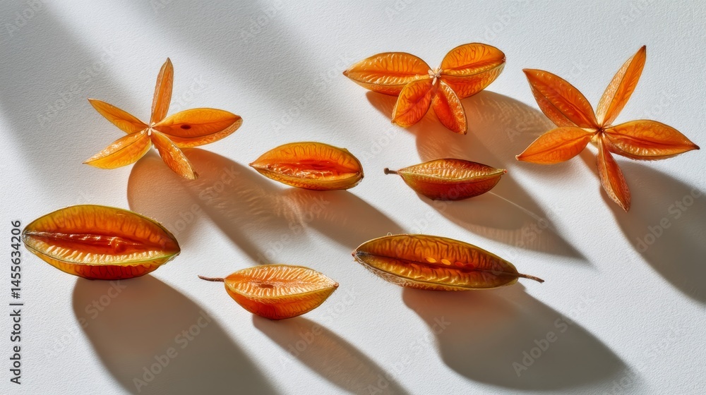 Poster sliced starfruit pieces suspended against a clean white background, creating an appealing visual wit
