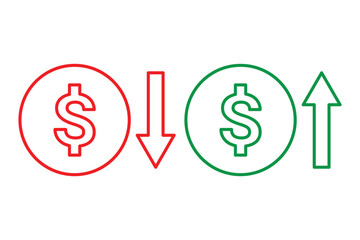 Cost reduction icon vector. Cost savings icon. Dollar decrease sign. cost symbol dollar increase and decrease icon, money, dollar sign. Vector illustrator