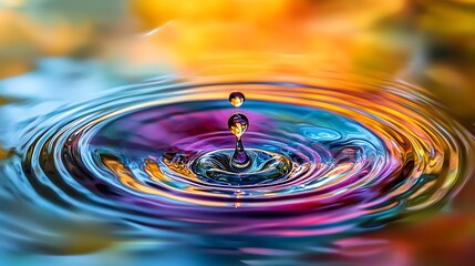 Water Drop Impact Creating Ripples on Liquid Surface with Colorful Reflections