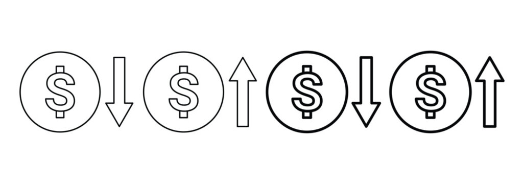 Dollar cost increase and decrease icon. Cash, loan, coin, dollar, saving, budget, earning money, revenue symbol. Money increase icon with arrow up symbol, dollar decrease icon. Vector illustrator 