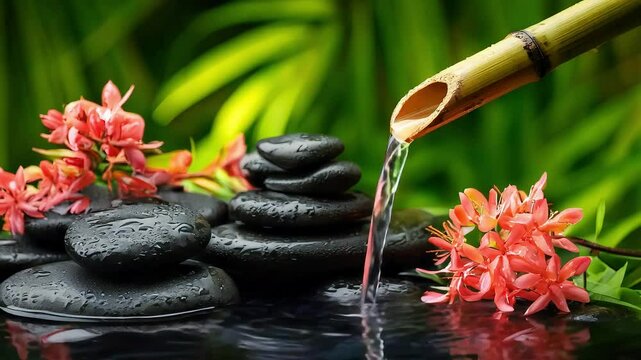 Soothing zen garden scene featuring a stream of water flowing from a bamboo spout onto stacked black spa stones, surrounded by blooming orange flowers