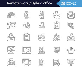 Remote Work and Hybrid Office Icons – Work from Home, Online Job Tools, Hybrid Workplace Icon, Digital Workspace and Remote Access Icons, Team and Digital Communication Icons