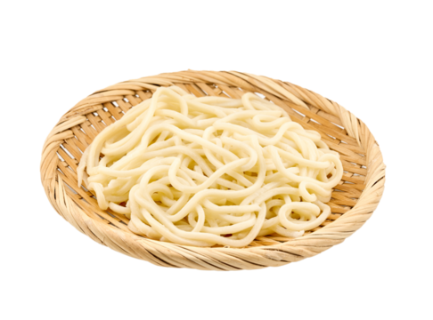 closeup pile of Japanese Udon noodle in round wood bonzaru bamboo plate cutout