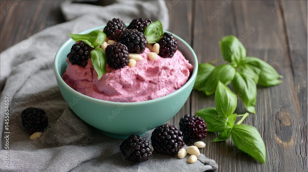 Poster slate gray bowl holds creamy mousse adorned with vibrant blackberries and fresh basil leaves on a ru
