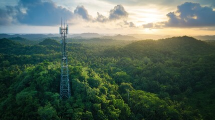 Tower Stands Tall Amidst Lush Green Landscape at Sunset in a Remote Mountainous Area