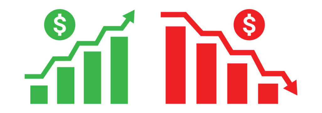 Cost growing bar graph increase and decrease flat icon isolated. Money increase or decrease icon set. Profit and lose money vector icons. Dollar coin graph up and down. 