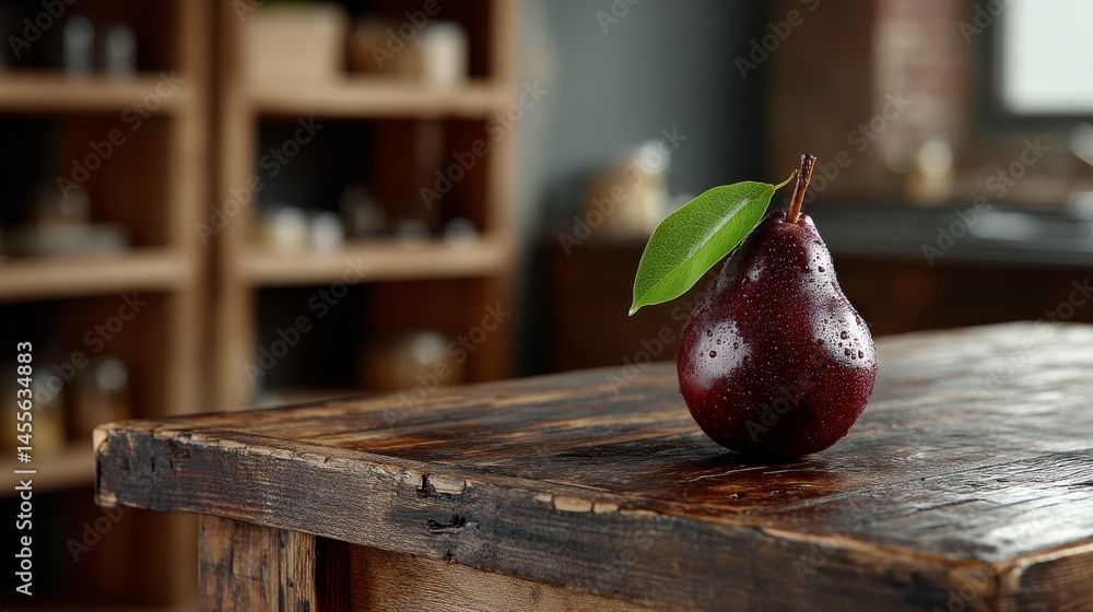 Poster a glossy red pear with a vibrant green leaf rests on a distressed wooden table, highlighting rustic 