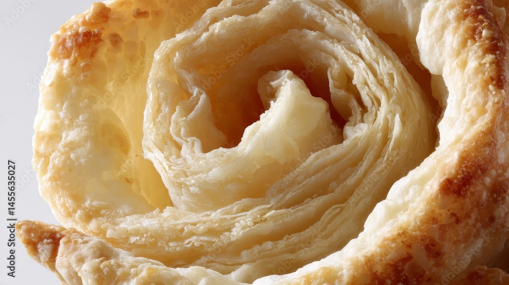 Poster close-up view of a flaky pastry spiral filled with creamy almond paste, beautifully isolated on a wh