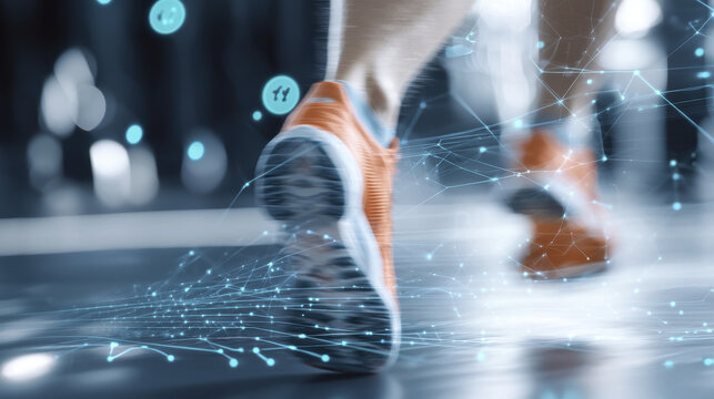 Runner in motion with biomechanics analysis, showcasing dynamic movement and technology integration