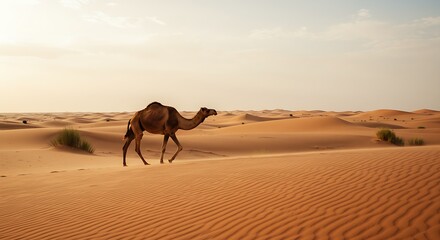 A lone camel walking across a windy desert plain