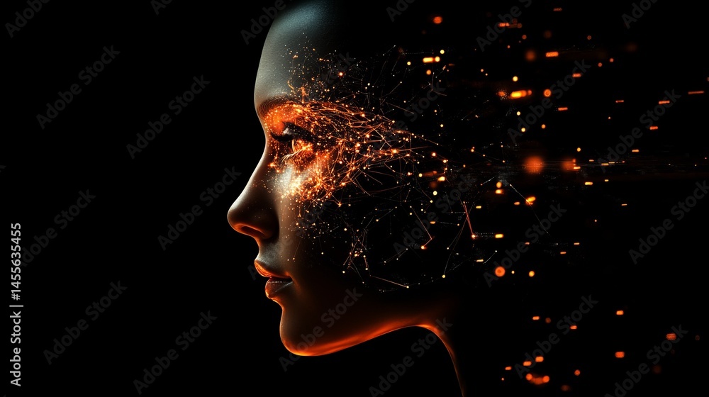 Aufkleber profile of a woman with digital particles blending into the environment, highlighting artificial int