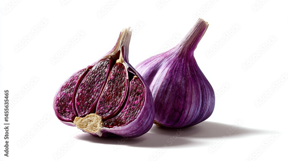 Poster a vibrant purple garlic bulb is halved to show its rich cloves, isolated on a clean white background