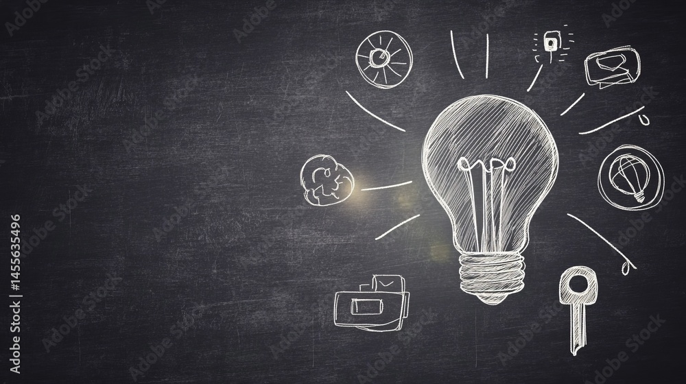 Poster creative brainstorming concepts illustrated with a light bulb and various doodles on a chalkboard ba