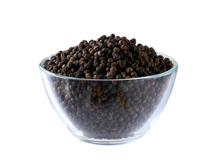 black pepper seeds in a clear glass bowl isolated on white background.