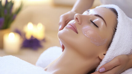 Relaxing spa treatment with lavender mask on woman face, soothing ambiance