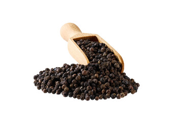 black peppercorns in a wooden serving scoop isolated on white background.