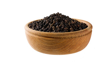 black pepper seeds in a wooden bowl isolated on white background.