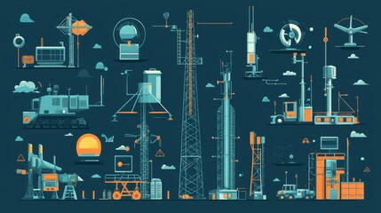 Illustration Showcasing Various Telecommunications and Energy Infrastructure Elements With a Modern Design in a Digital Landscape